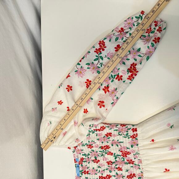 Draper James Floral Midi Dress Size S Smocked Puff Sleeve Linen Blend White Boho - Picture 13 of 14